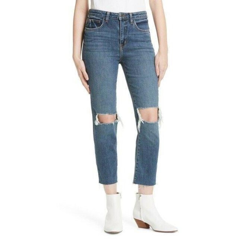 L'AGENCE High Rise Distressed Straight Leg Jeans